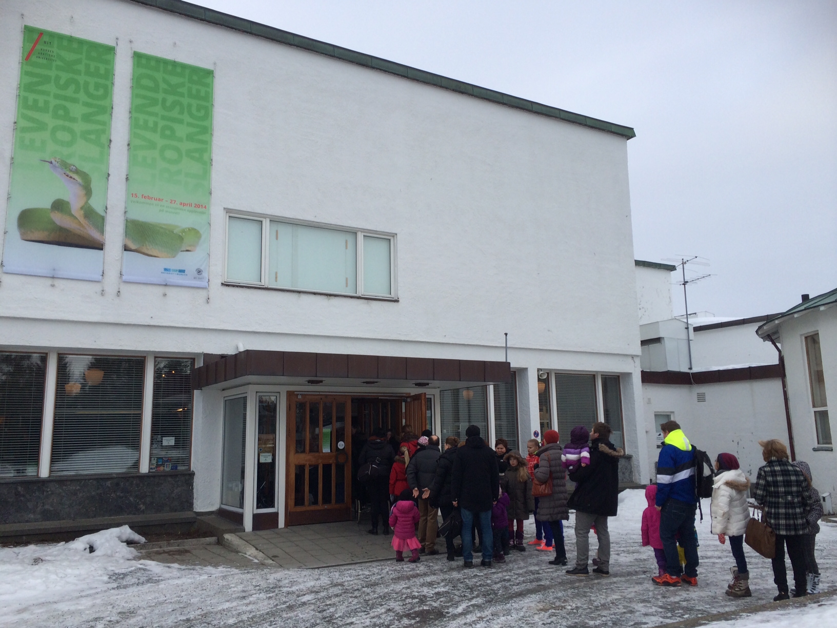 Det var lang kø utenfor Tromsø museum lørdag 22. februar, da slangeutstillingen åpnet. Foto: Marit Anne Hauan